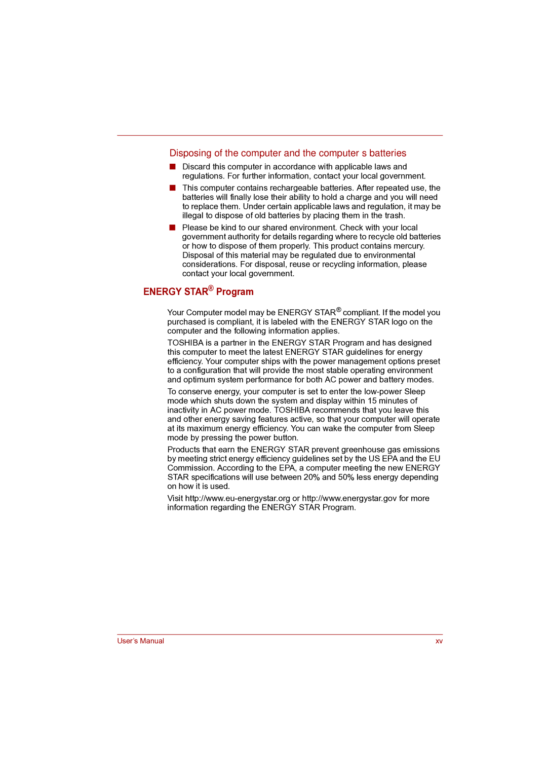 Toshiba Pro L500D user manual Energy Star Program, Disposing of the computer and the computer’s batteries 