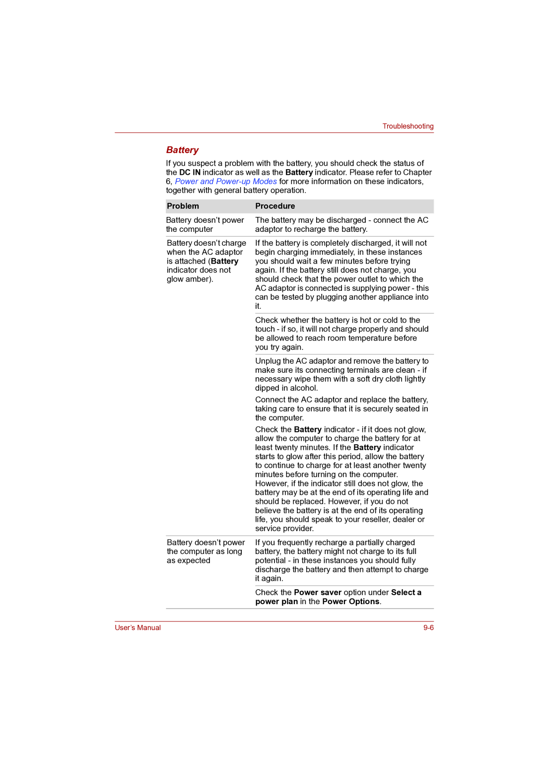 Toshiba Pro L500D user manual Battery, Power plan in the Power Options 