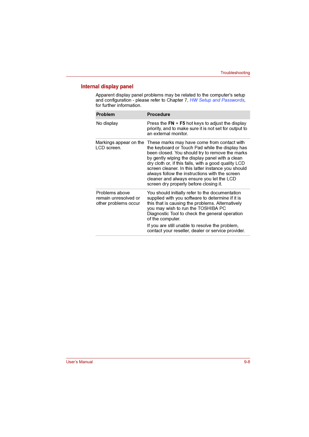 Toshiba Pro L500D user manual Internal display panel 