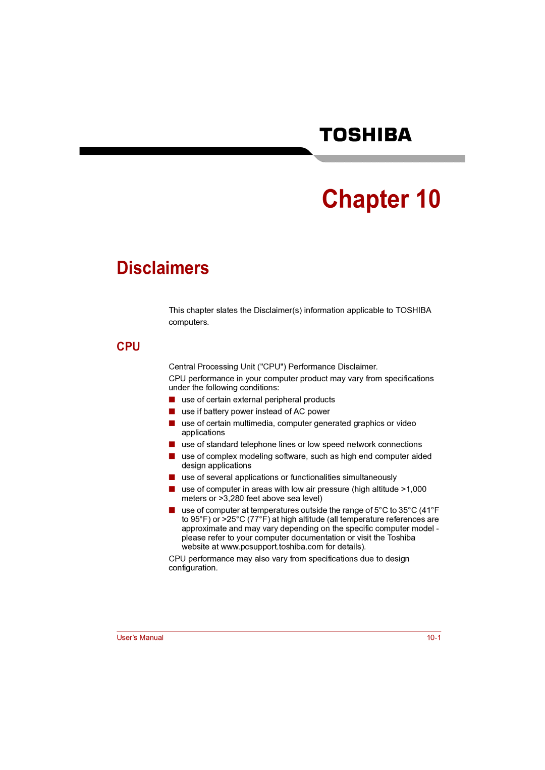 Toshiba Pro L500D user manual Disclaimers, Cpu 