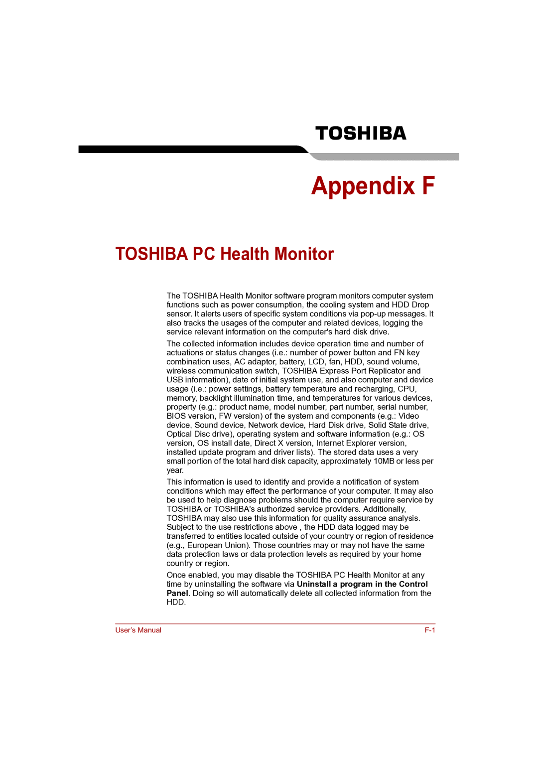 Toshiba Pro L500D user manual Appendix F, Toshiba PC Health Monitor 