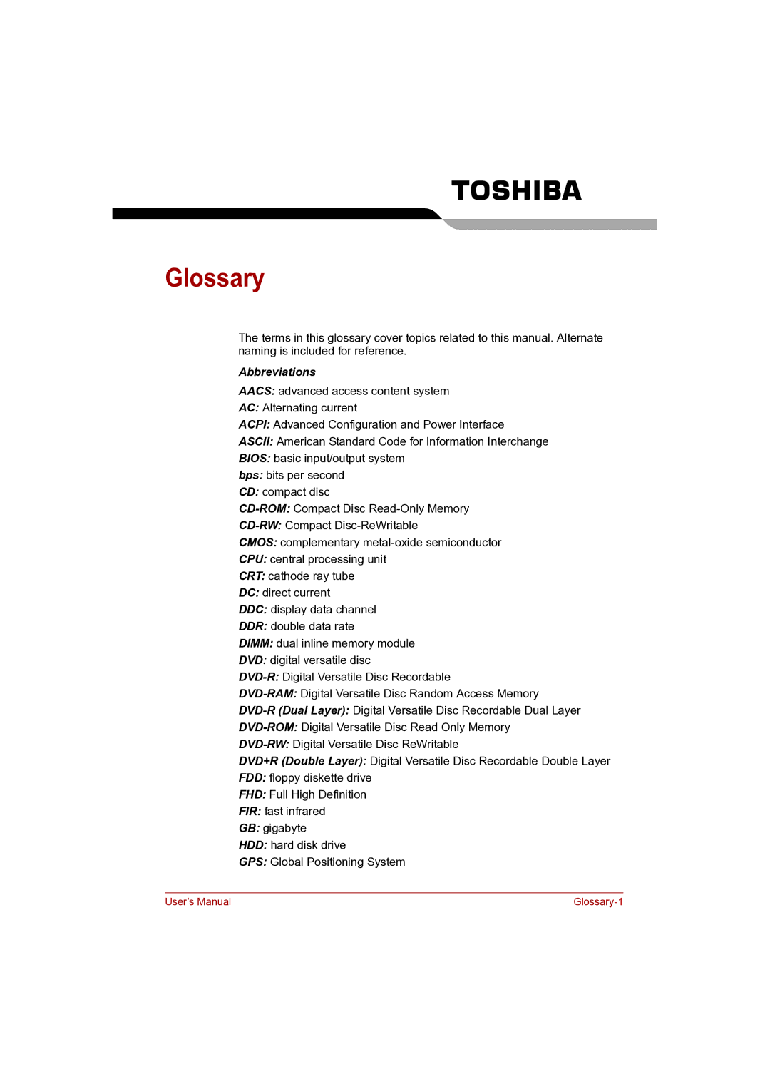 Toshiba Pro L500D user manual Glossary, Abbreviations 