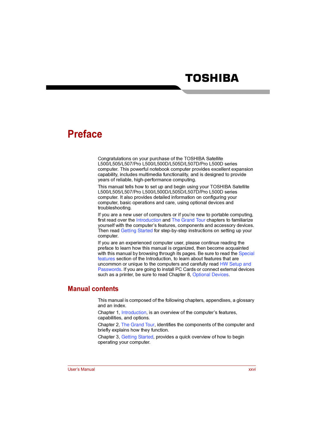 Toshiba Pro L500D user manual Preface, Manual contents 