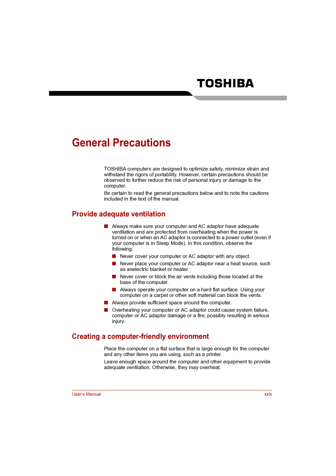 Toshiba Pro L500D General Precautions, Provide adequate ventilation, Creating a computer-friendly environment 