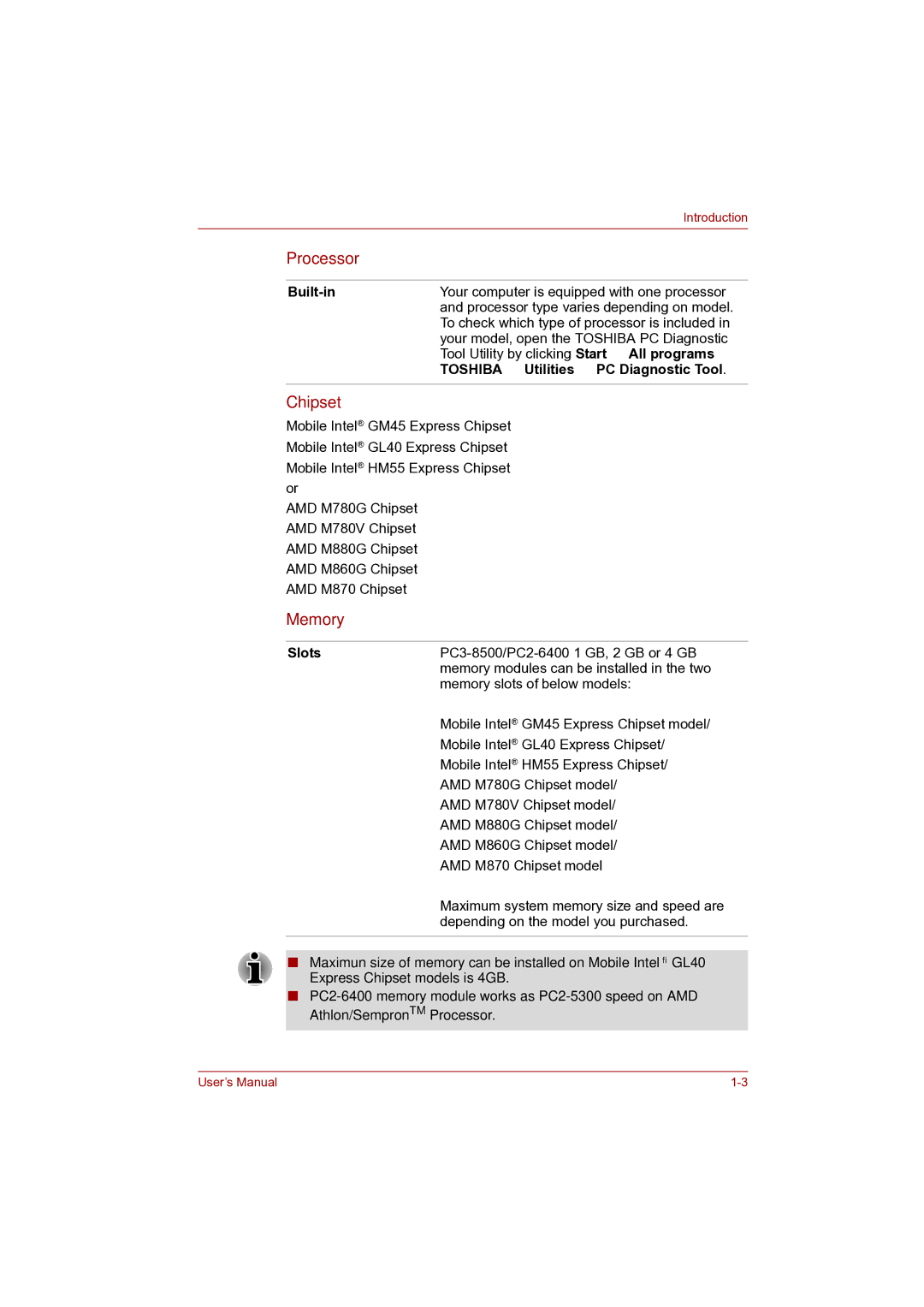 Toshiba Pro L500D user manual Processor, Chipset, Memory, Slots 