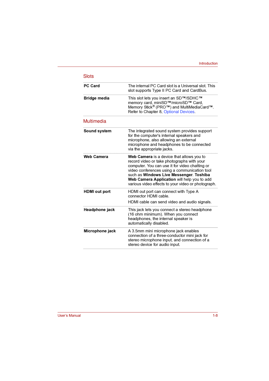 Toshiba Pro L500D user manual Slots, Multimedia 