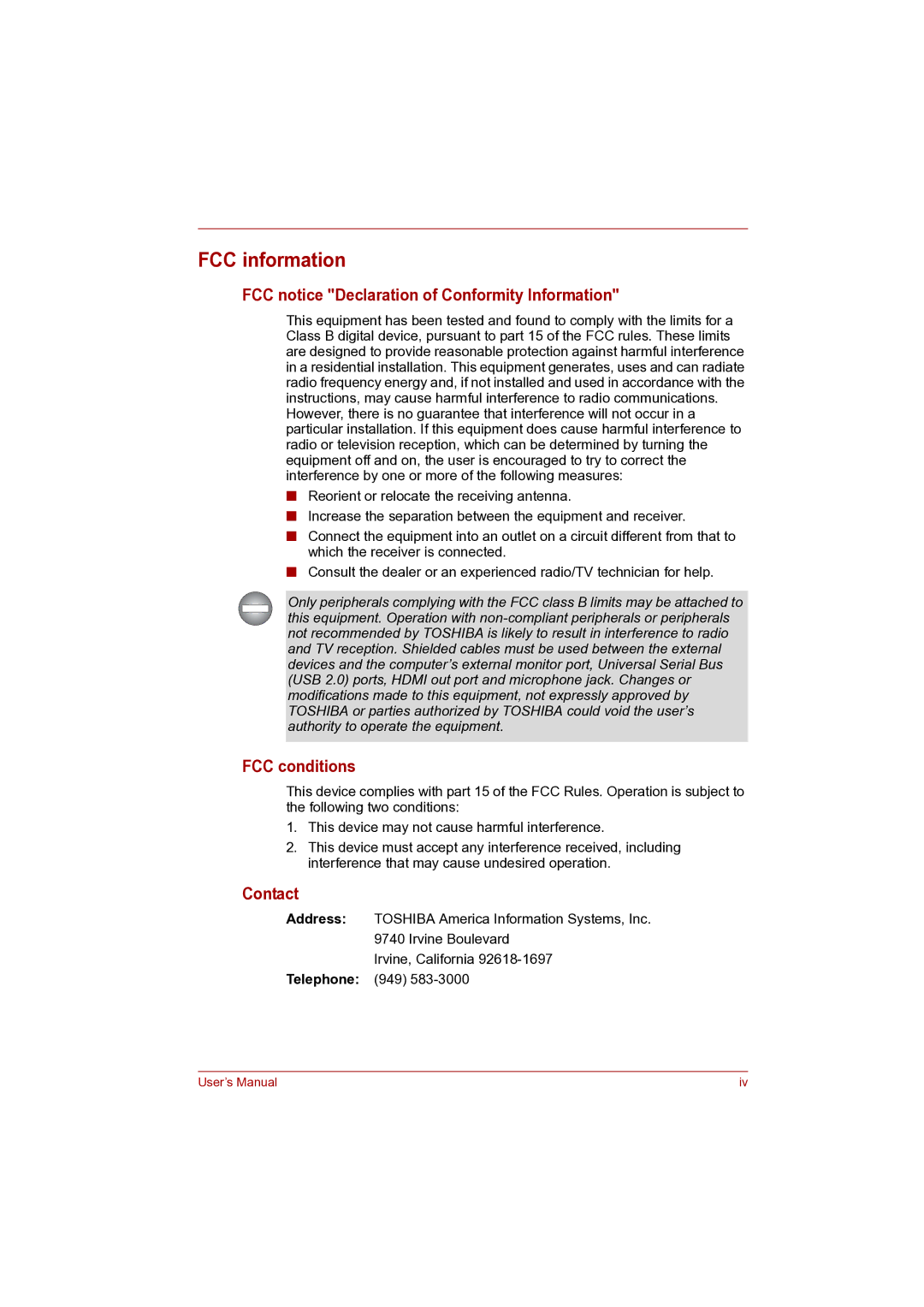 Toshiba Pro L500D user manual FCC information, FCC notice Declaration of Conformity Information, FCC conditions, Contact 