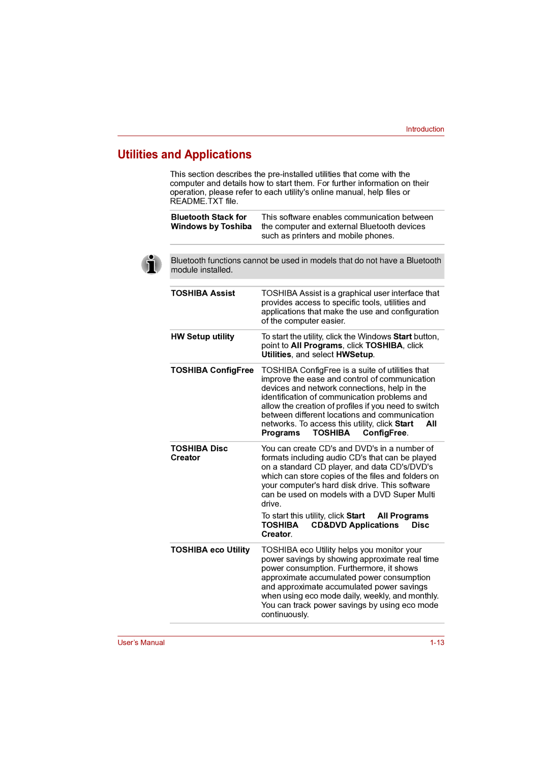 Toshiba Pro L500D user manual Utilities and Applications 