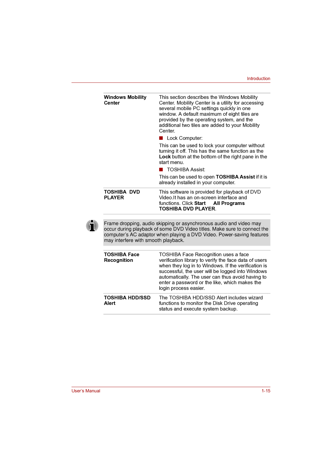 Toshiba Pro L500D user manual Toshiba Face, Recognition, Alert 