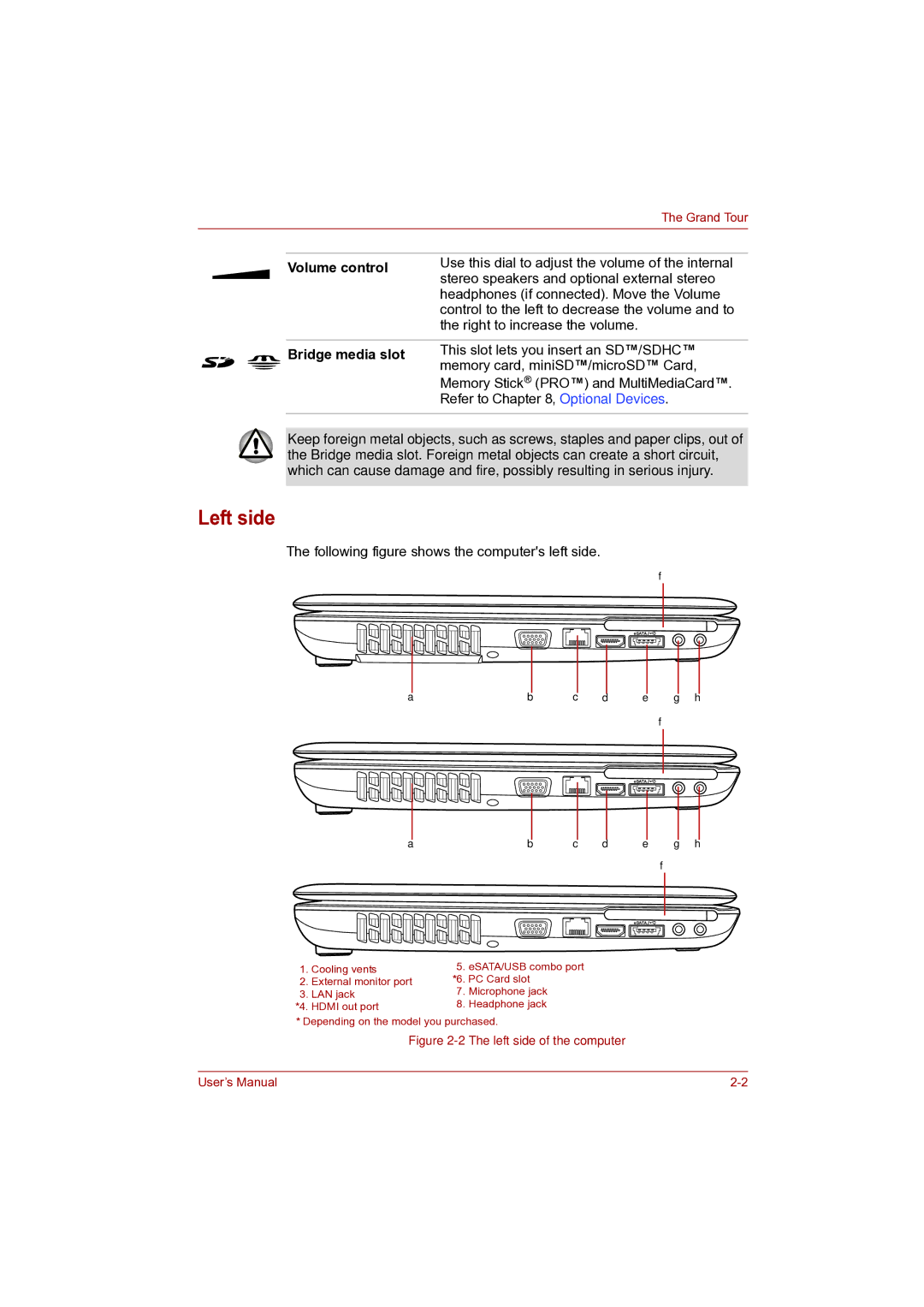 Toshiba Pro L500D user manual Left side, Volume control, Bridge media slot 