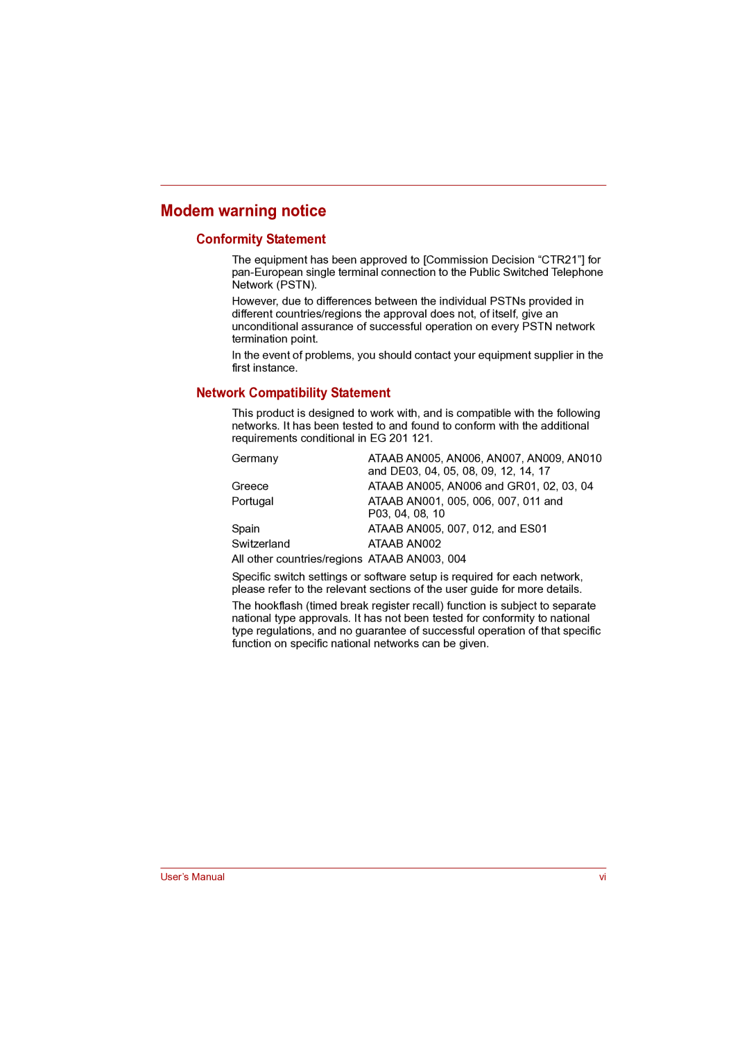 Toshiba Pro L500D user manual Modem warning notice, Conformity Statement, Network Compatibility Statement 