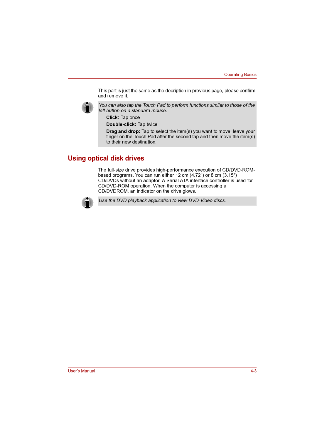 Toshiba Pro L500D user manual Using optical disk drives, Double-click Tap twice 