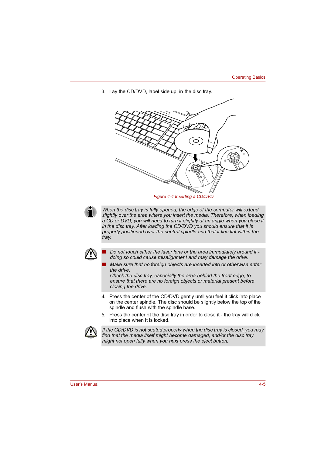 Toshiba Pro L500D user manual Lay the CD/DVD, label side up, in the disc tray 