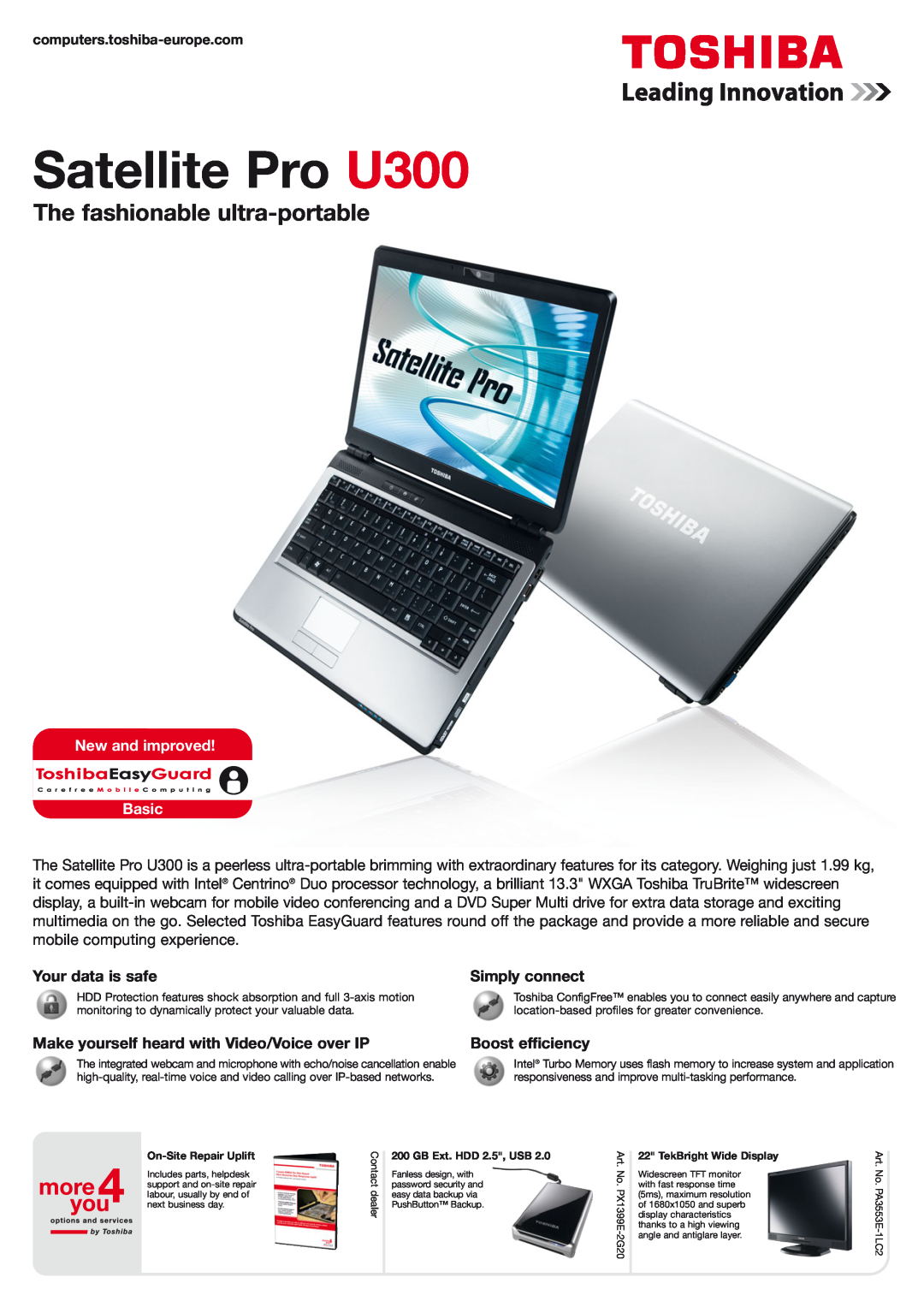 Toshiba manual Satellite Pro U300, The fashionable ultra-portable, New and improved Basic, Your data is safe 