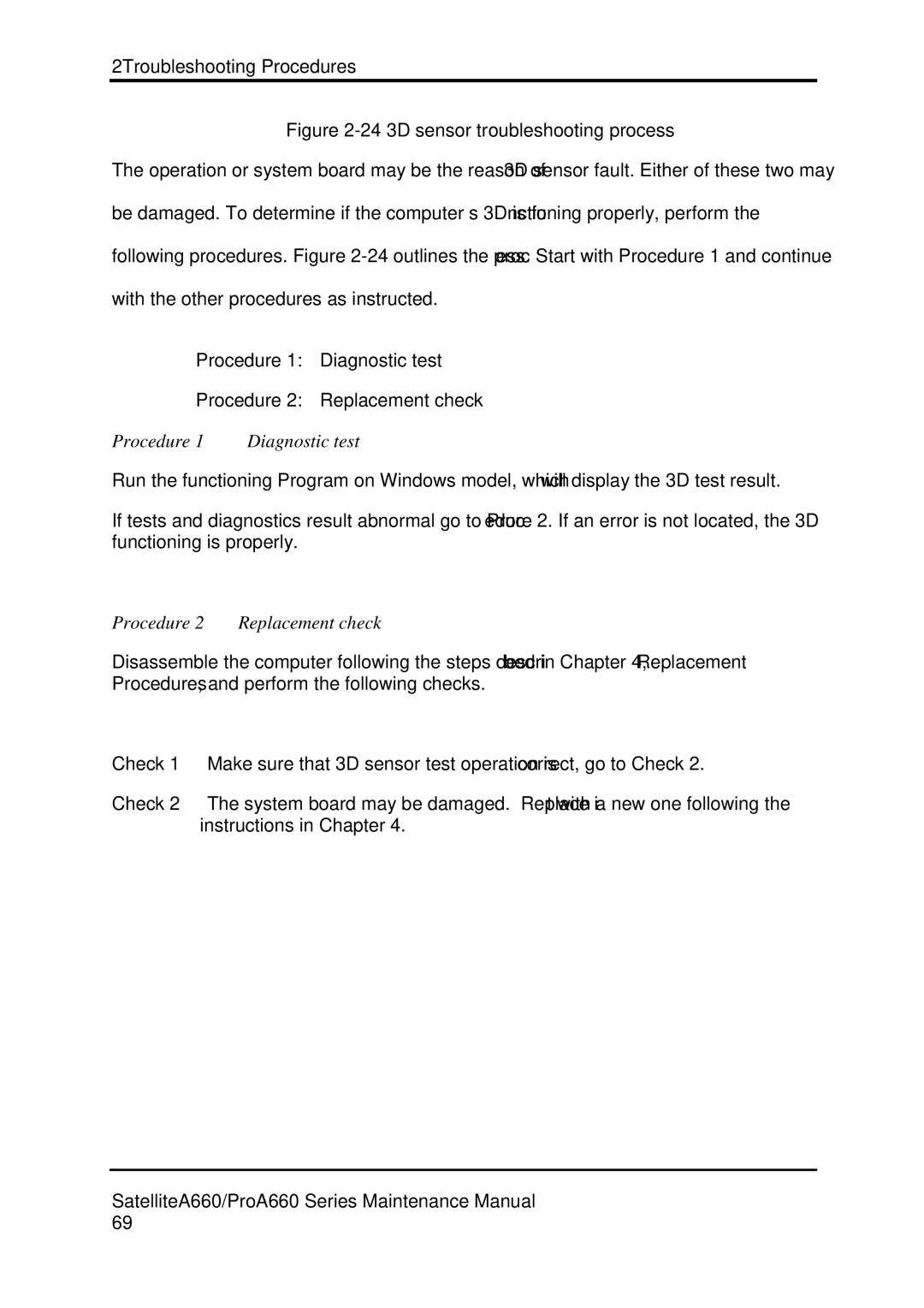 Toshiba PROA660 manual 24 3D sensor troubleshooting process, Procedure 2 Replacement check 