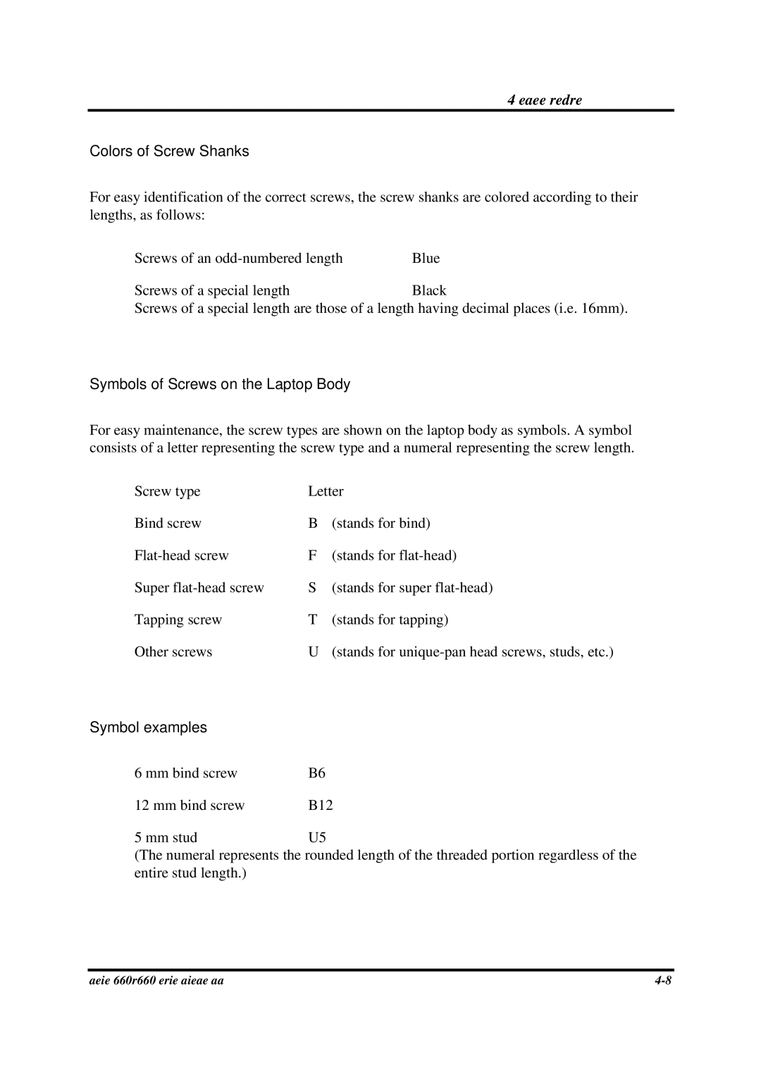 Toshiba PROA660 manual Colors of Screw Shanks, Symbols of Screws on the Laptop Body, Symbol examples 