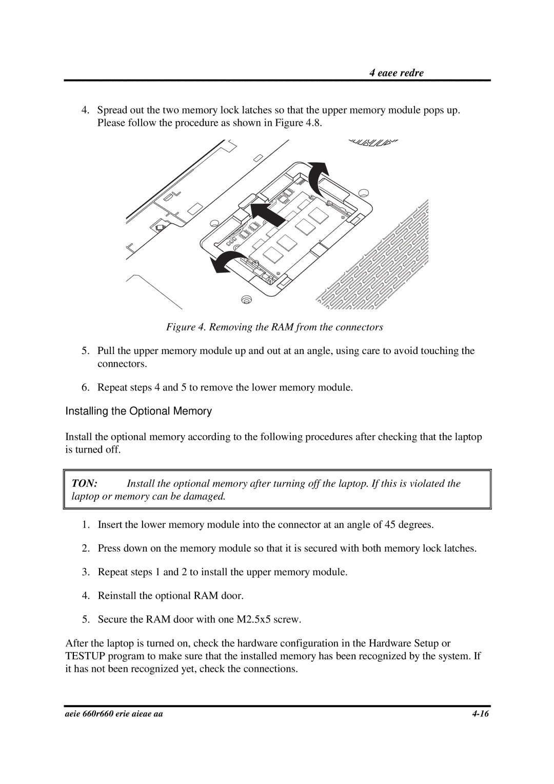 Toshiba PROA660 manual Removing the RAM from the connectors, Installing the Optional Memory 