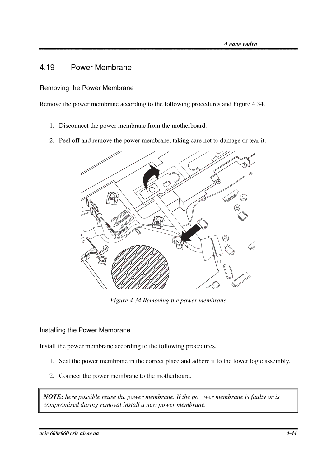 Toshiba PROA660 manual Removing the Power Membrane, Installing the Power Membrane 