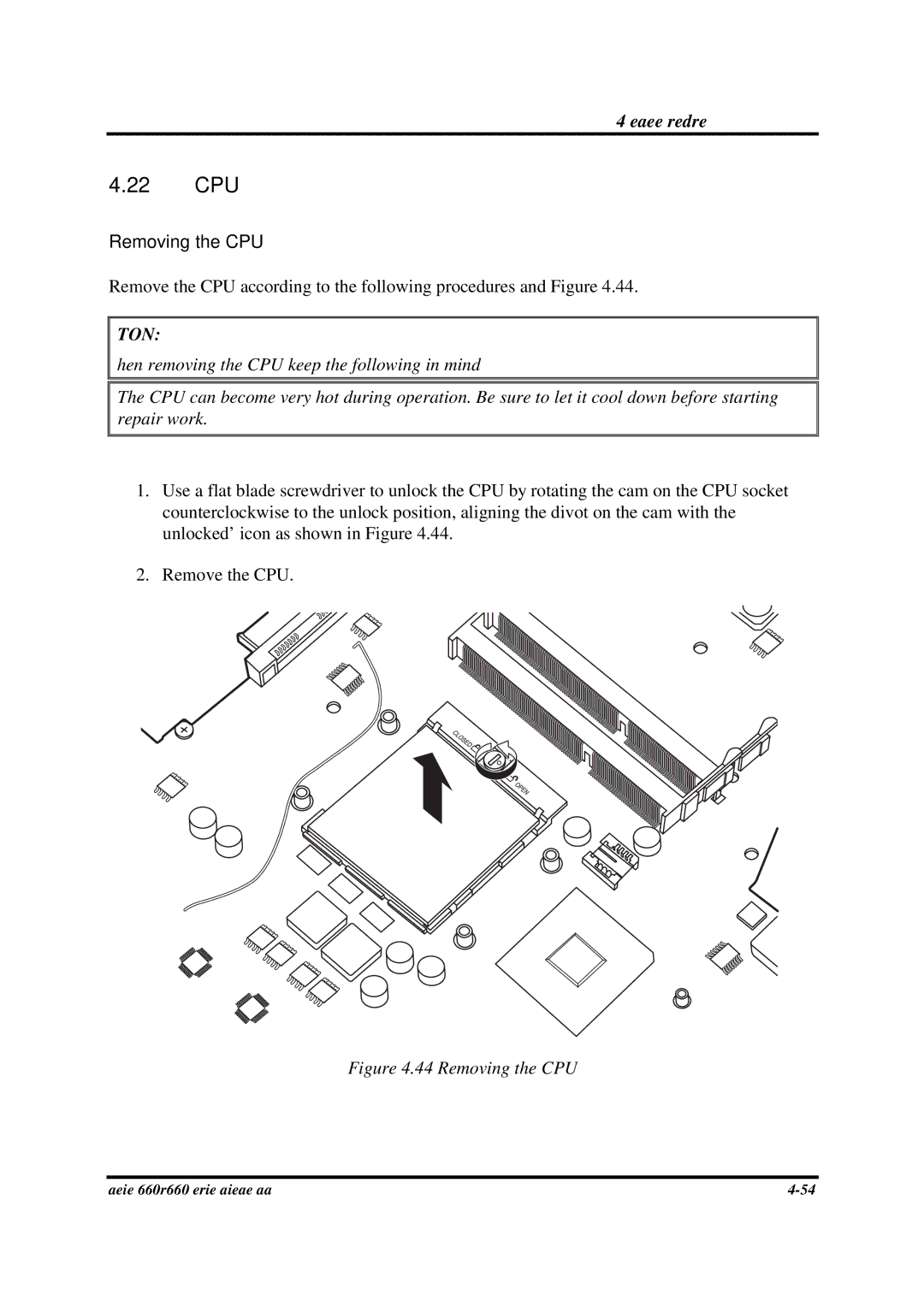 Toshiba PROA660 manual 22 CPU, Removing the CPU 