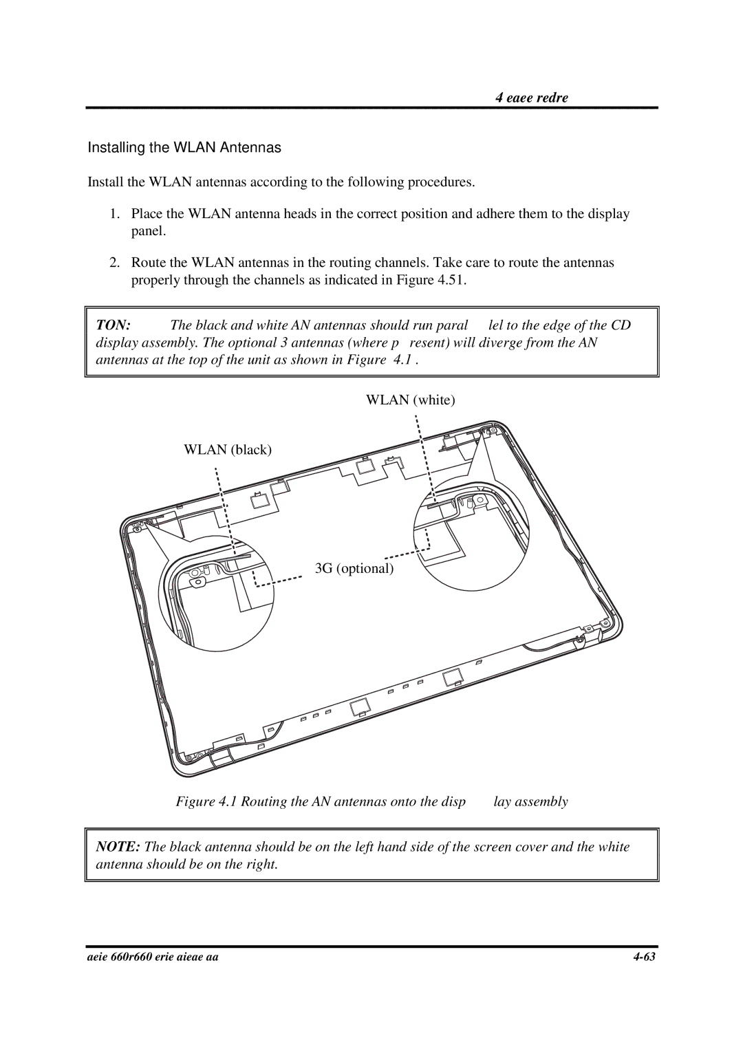Toshiba PROA660 manual Installing the Wlan Antennas, Routing the Wlan antennas onto the display assembly 
