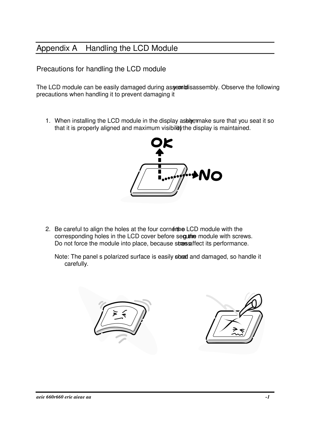 Toshiba PROA660 manual Appendix a Handling the LCD Module, Precautions for handling the LCD module 