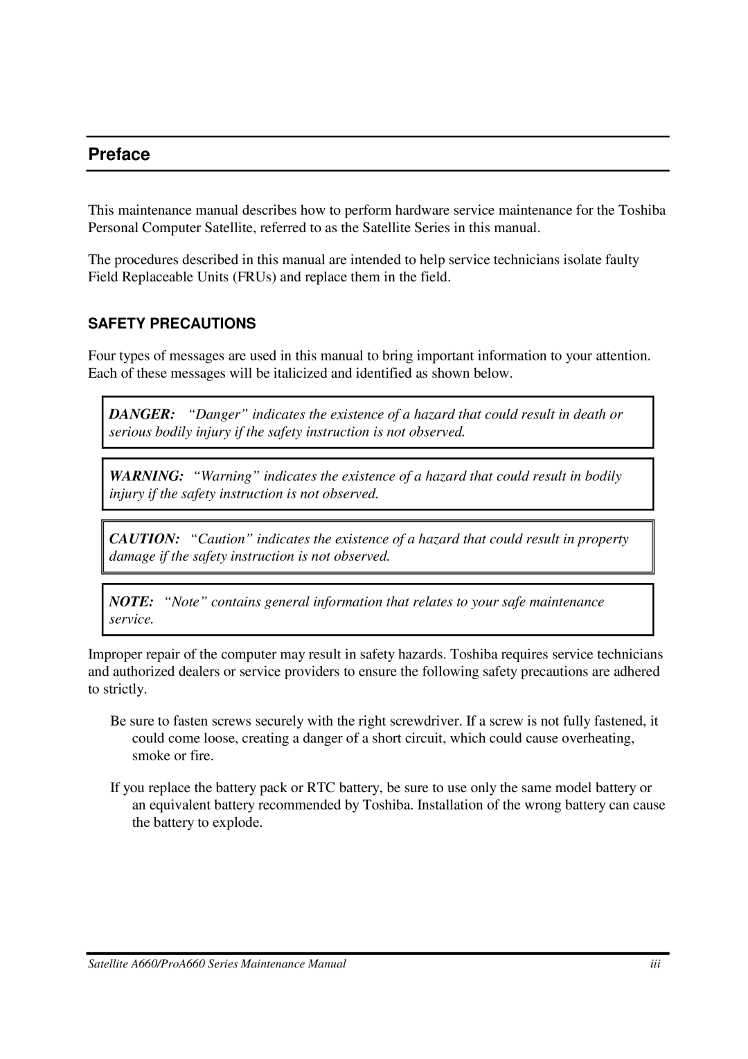 Toshiba PROA660 manual Preface, Safety Precautions 