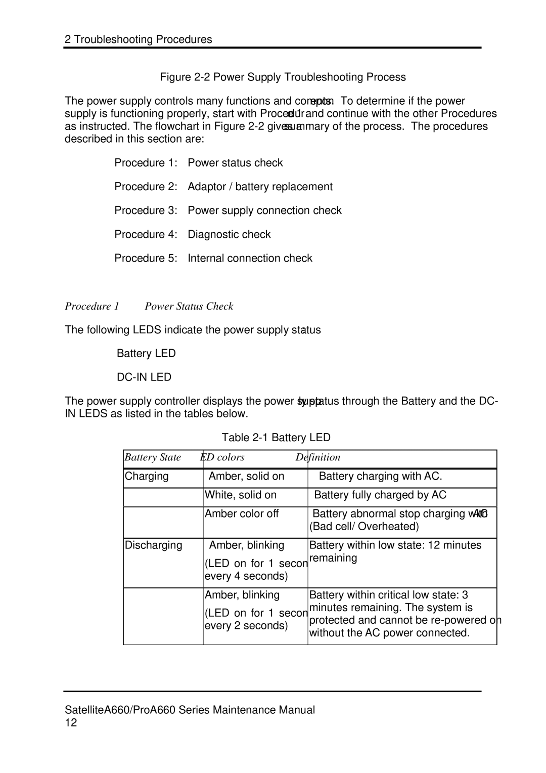 Toshiba PROA660 manual Procedure 1 Power Status Check, Battery State LED colors Definition 