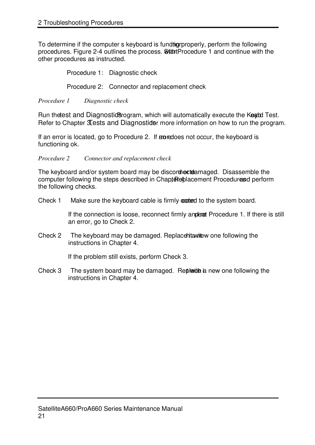 Toshiba PROA660 manual Procedure Diagnostic check, Procedure 2 Connector and replacement check 