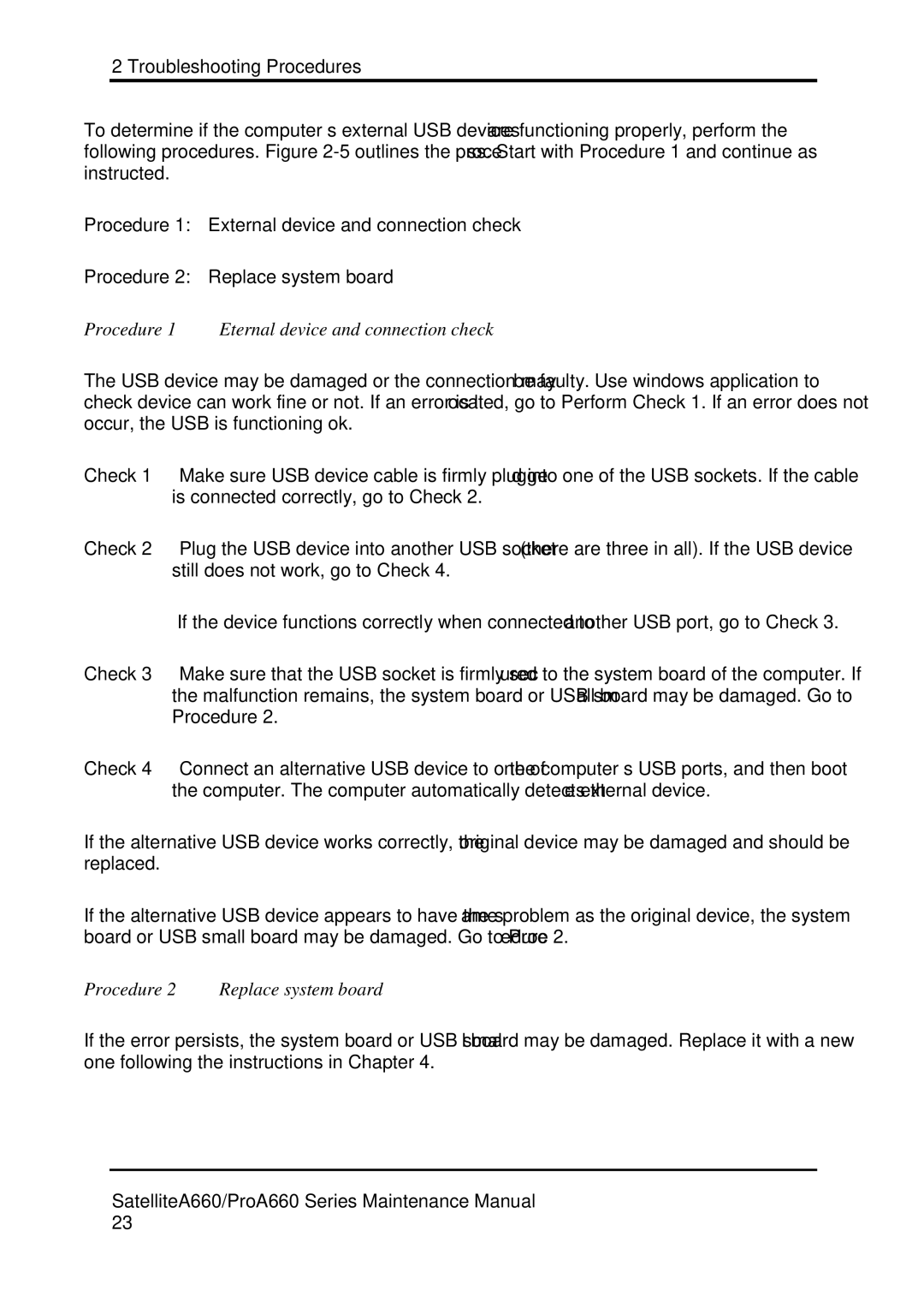 Toshiba PROA660 manual Procedure 1 External device and connection check, Procedure 2 Replace system board 