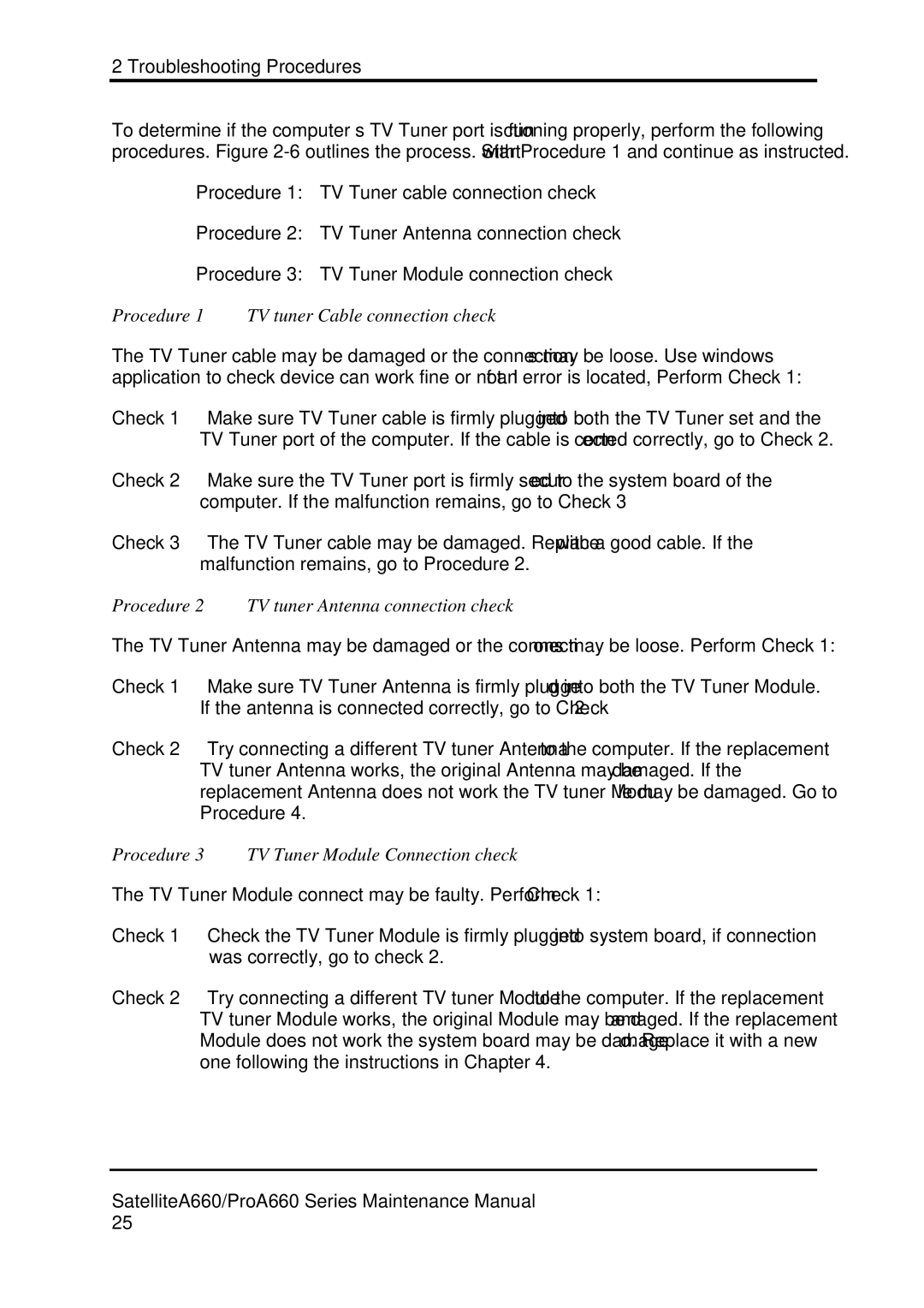 Toshiba PROA660 manual Procedure 1 TV tuner Cable connection check, Procedure 2 TV tuner Antenna connection check 