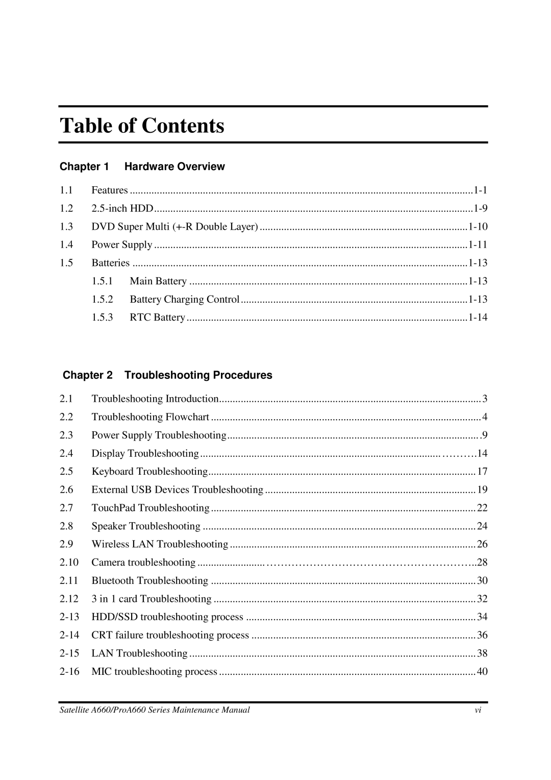 Toshiba PROA660 manual Table of Contents 