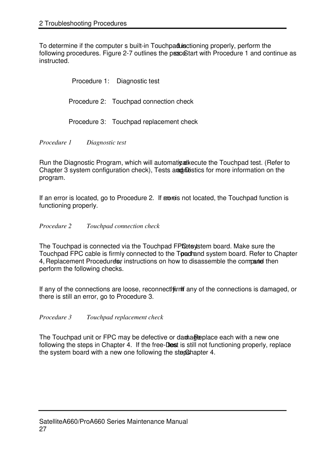 Toshiba PROA660 Procedure Diagnostic test, Procedure 2 Touchpad connection check, Procedure 3 Touchpad replacement check 