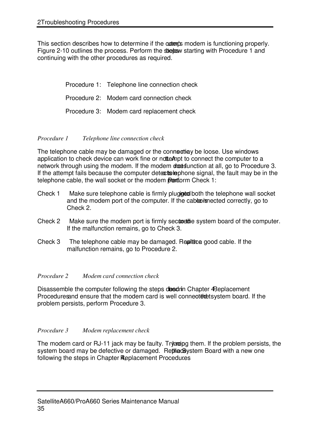 Toshiba PROA660 manual Procedure 1 Telephone line connection check, Procedure 2 Modem card connection check 