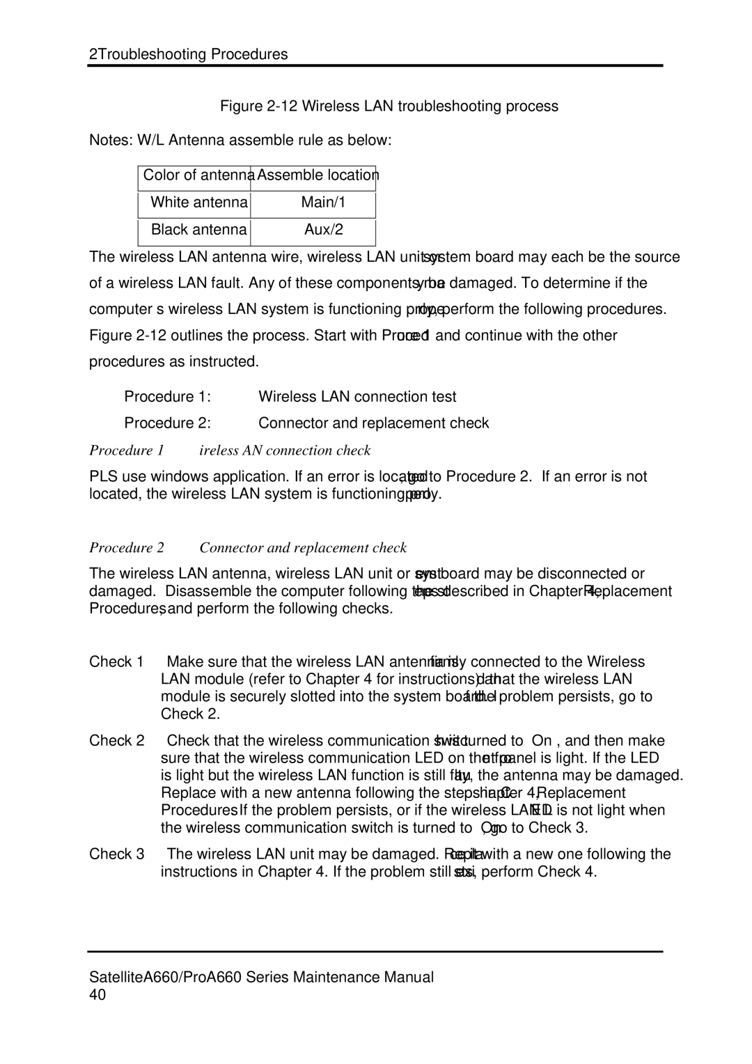 Toshiba PROA660 manual Wireless LAN troubleshooting process, Procedure 1 Wireless LAN connection check 