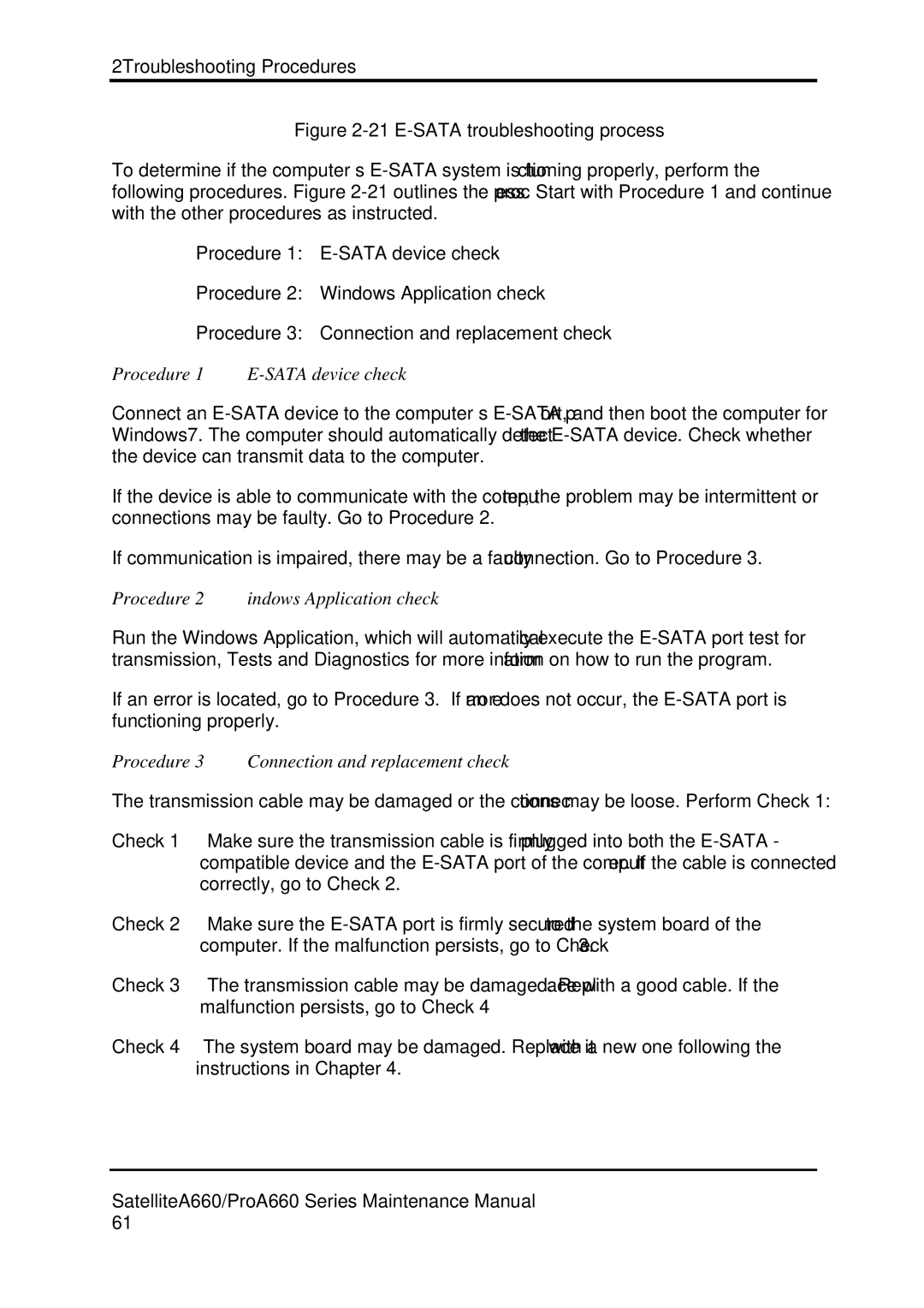 Toshiba PROA660 manual Procedure 1 E-SATA device check, Procedure 2 Windows Application check 