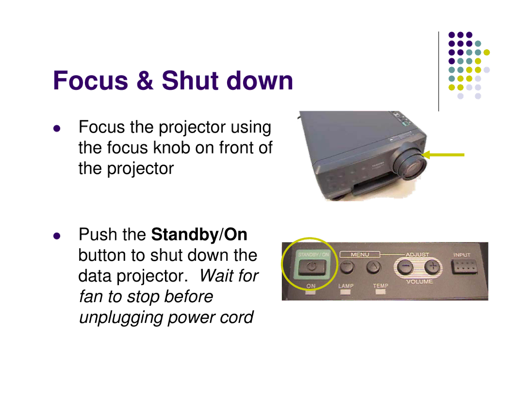 Toshiba Projector-Laptop manual Focus & Shut down 