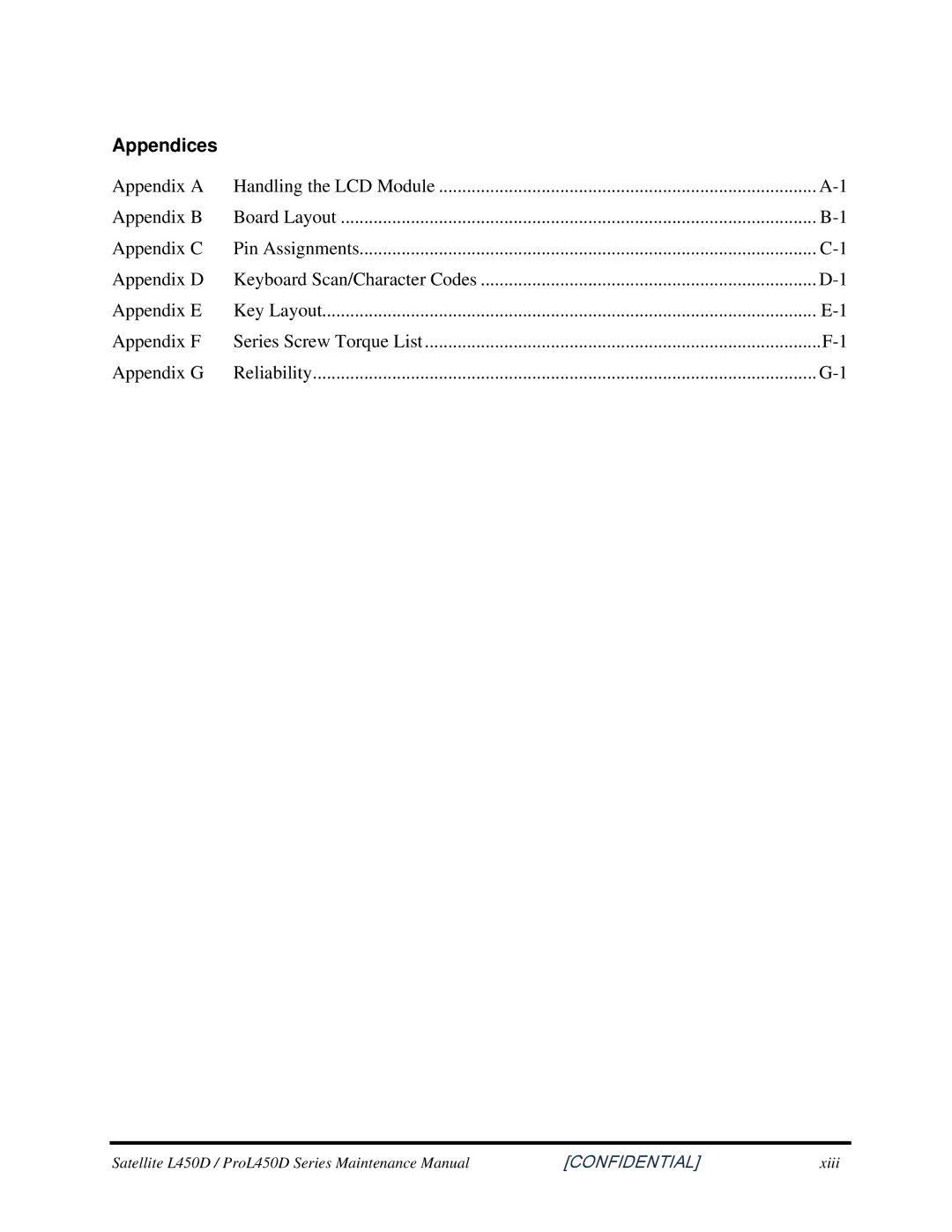 Toshiba PROL450D manual Appendices 