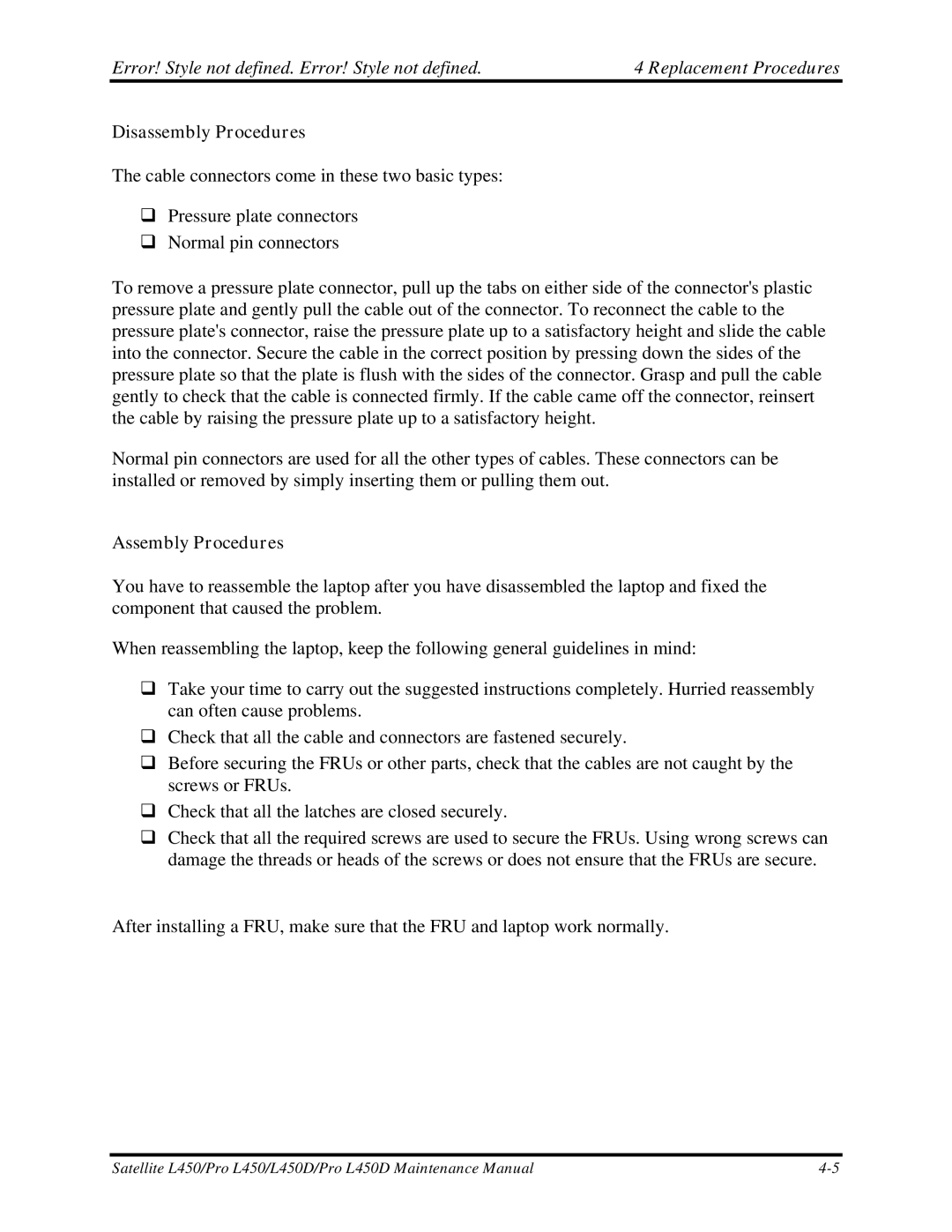 Toshiba PROL450D manual Disassembly Procedures, Assembly Procedures 