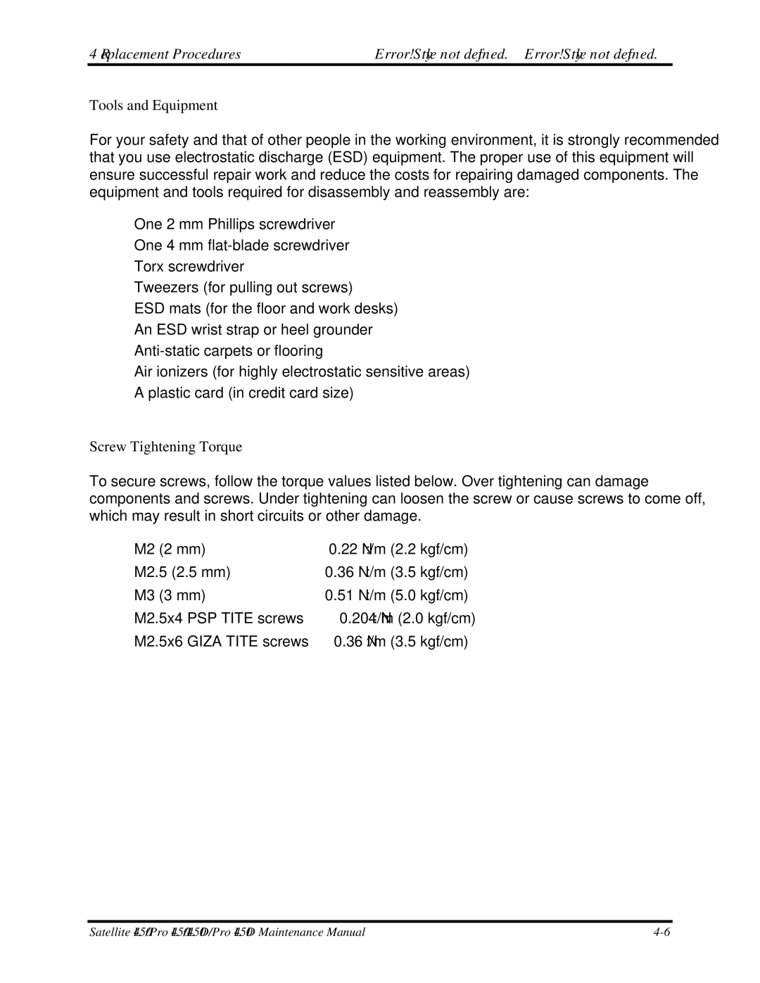 Toshiba PROL450D manual Tools and Equipment, Screw Tightening Torque 
