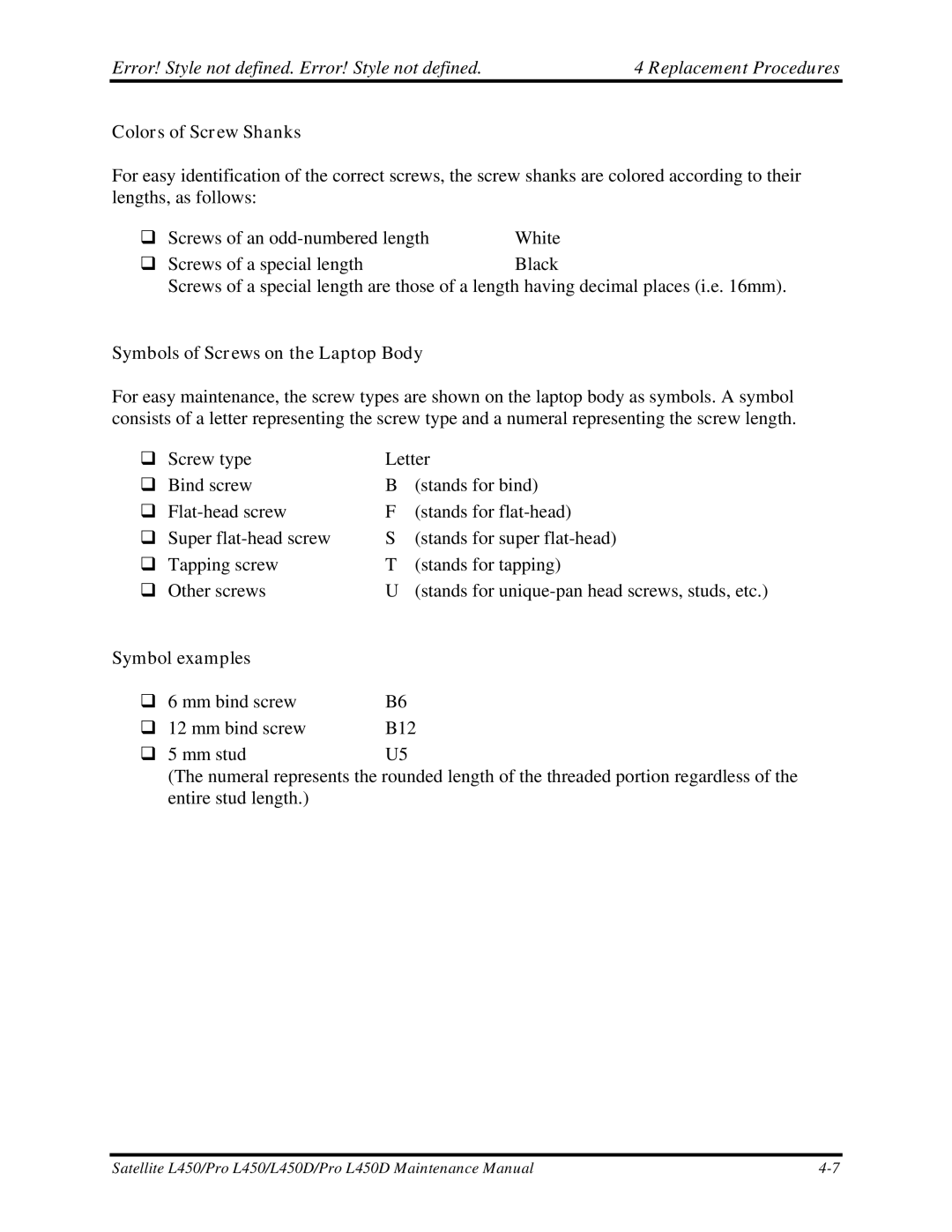 Toshiba PROL450D manual Colors of Screw Shanks, Symbols of Screws on the Laptop Body, Symbol examples 
