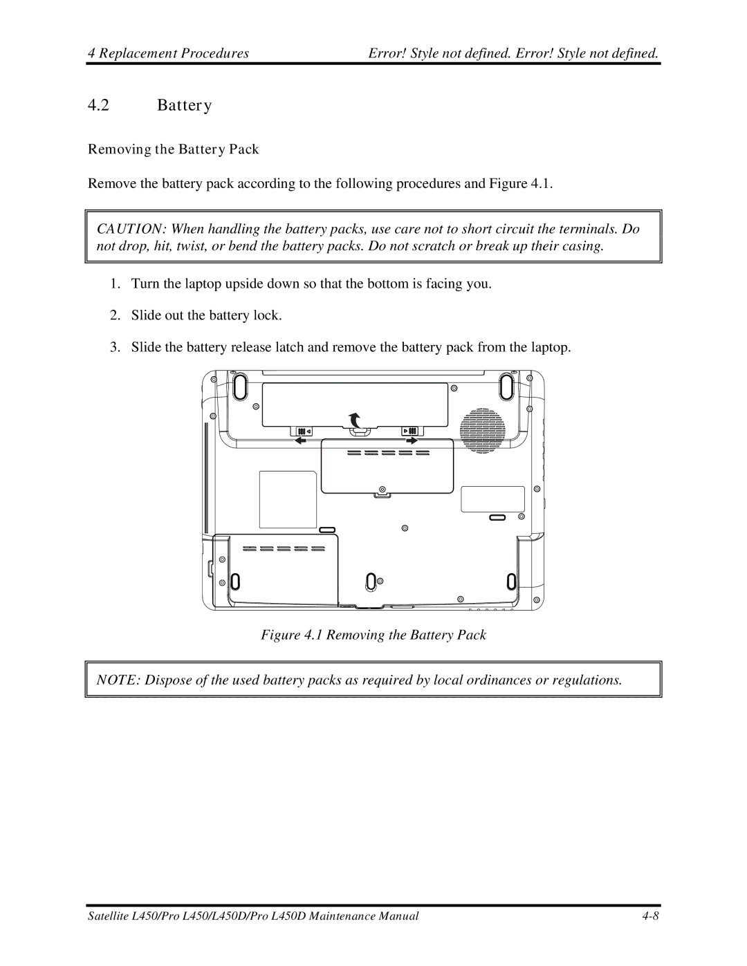 Toshiba PROL450D manual Removing the Battery Pack 