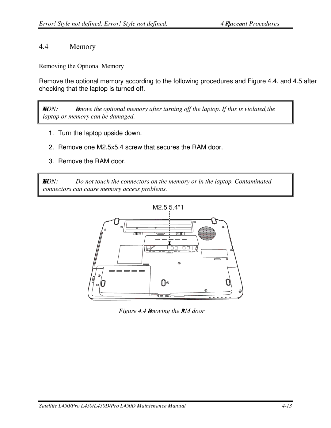 Toshiba PROL450D manual Removing the Optional Memory 