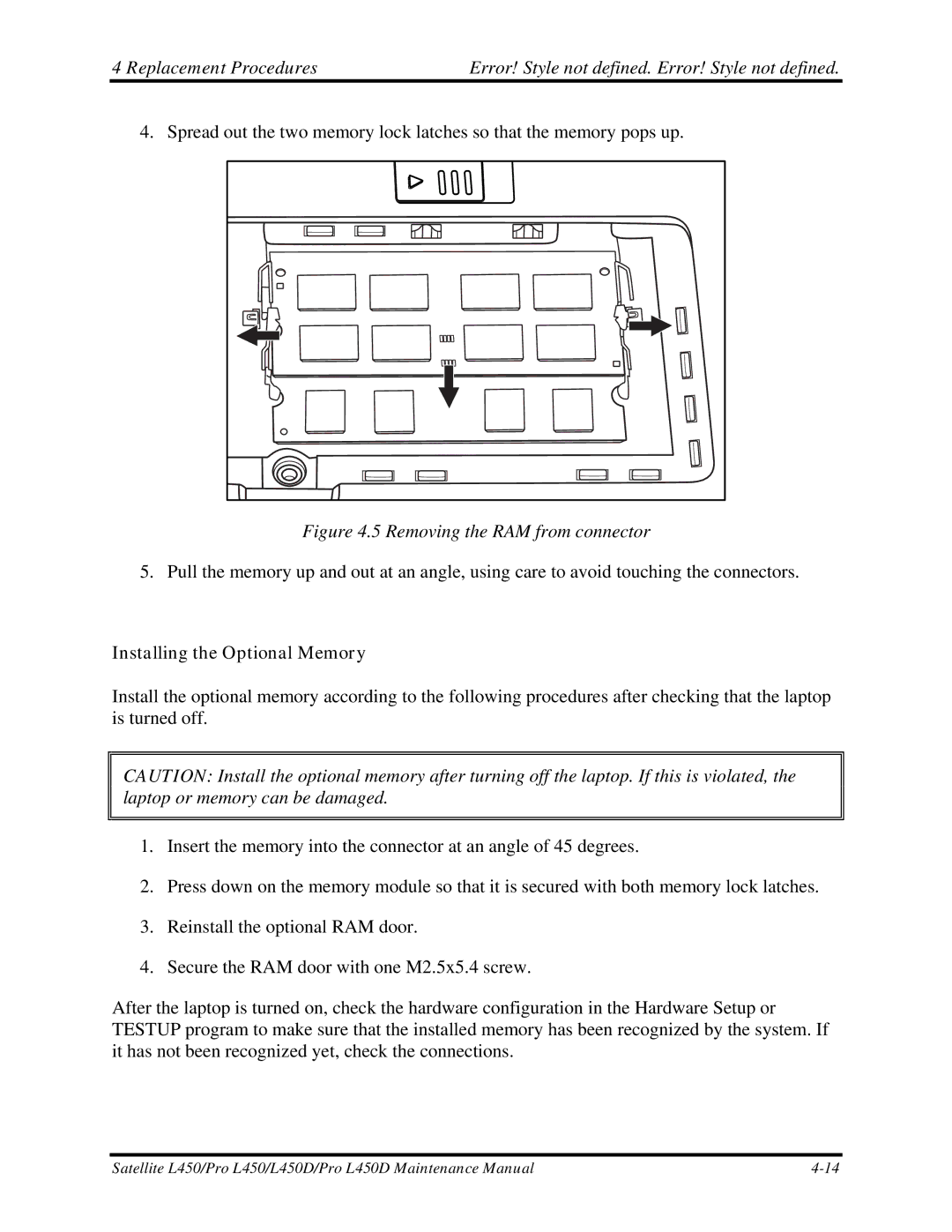 Toshiba PROL450D manual Removing the RAM from connector, Installing the Optional Memory 