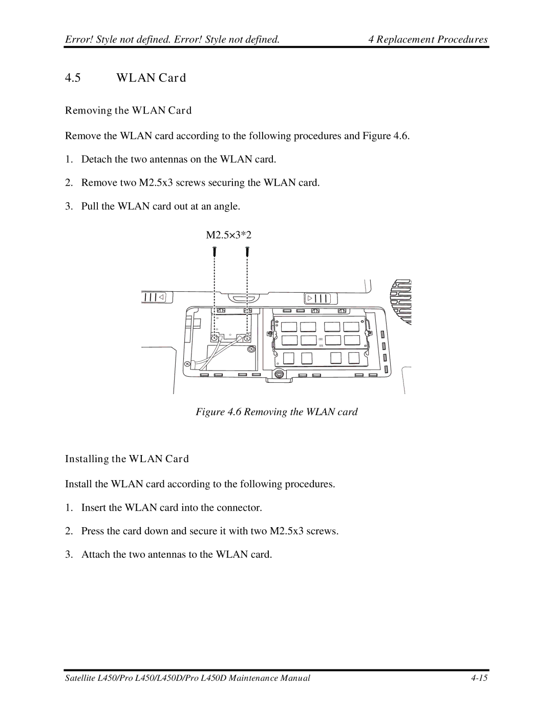 Toshiba PROL450D manual Removing the Wlan Card, Installing the Wlan Card 