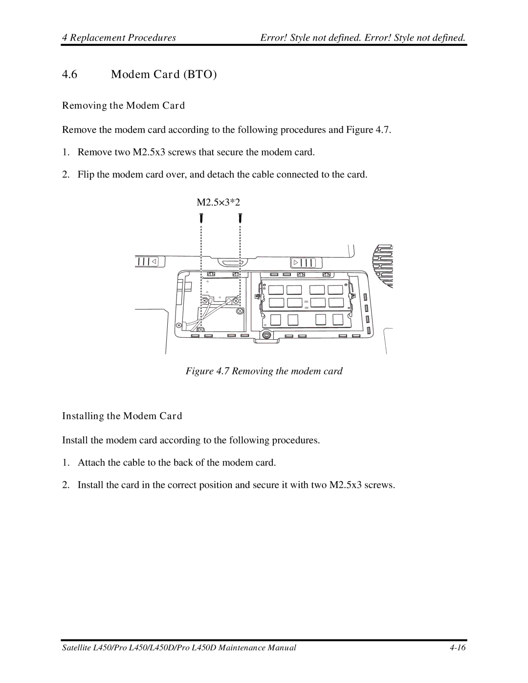 Toshiba PROL450D manual Modem Card BTO, Removing the Modem Card, Installing the Modem Card 