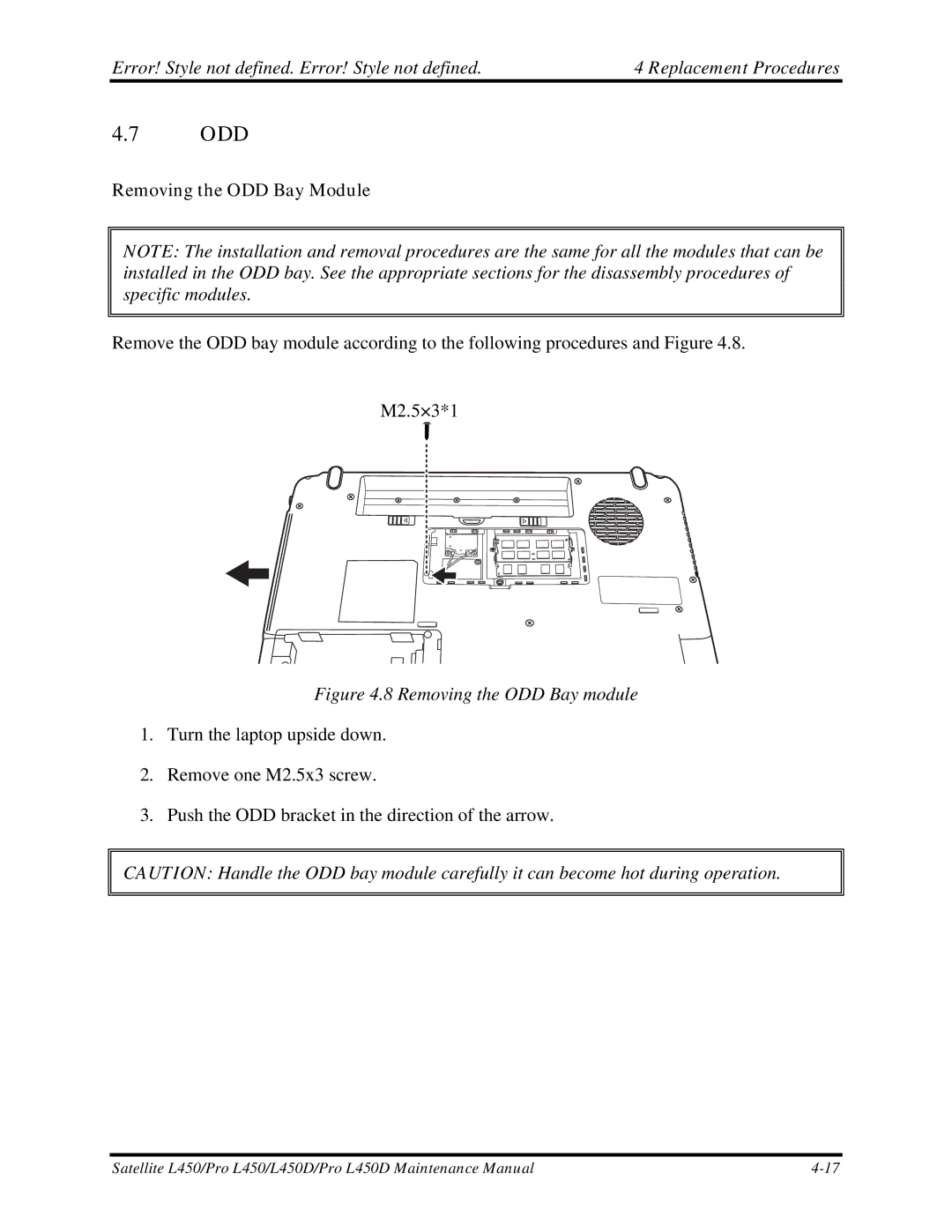 Toshiba PROL450D manual Odd, Removing the ODD Bay Module 