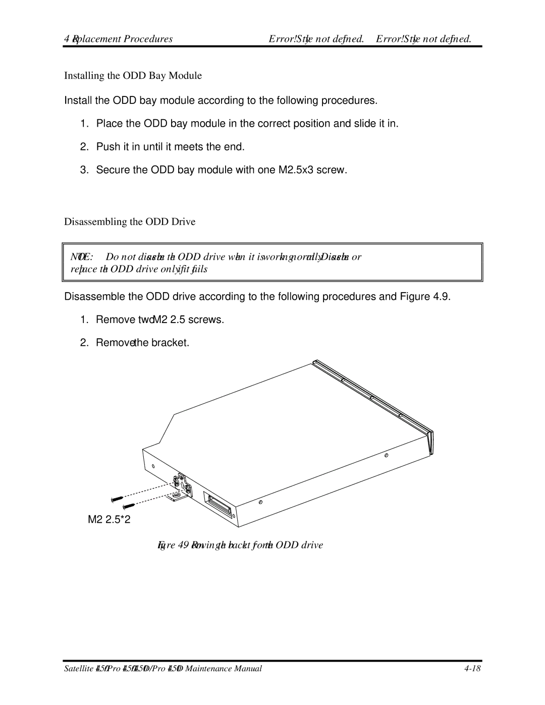 Toshiba PROL450D manual Installing the ODD Bay Module, Disassembling the ODD Drive 