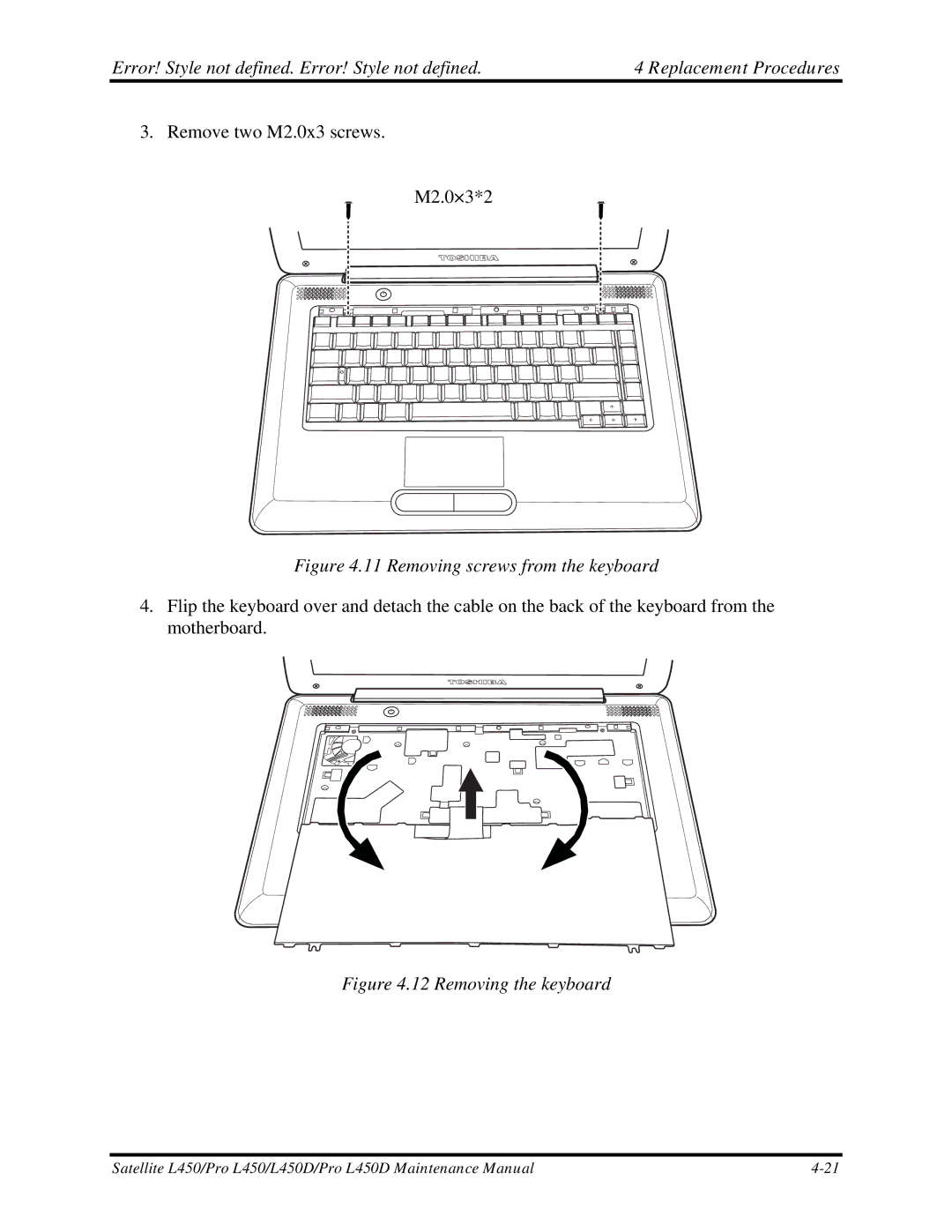 Toshiba PROL450D manual Removing screws from the keyboard 