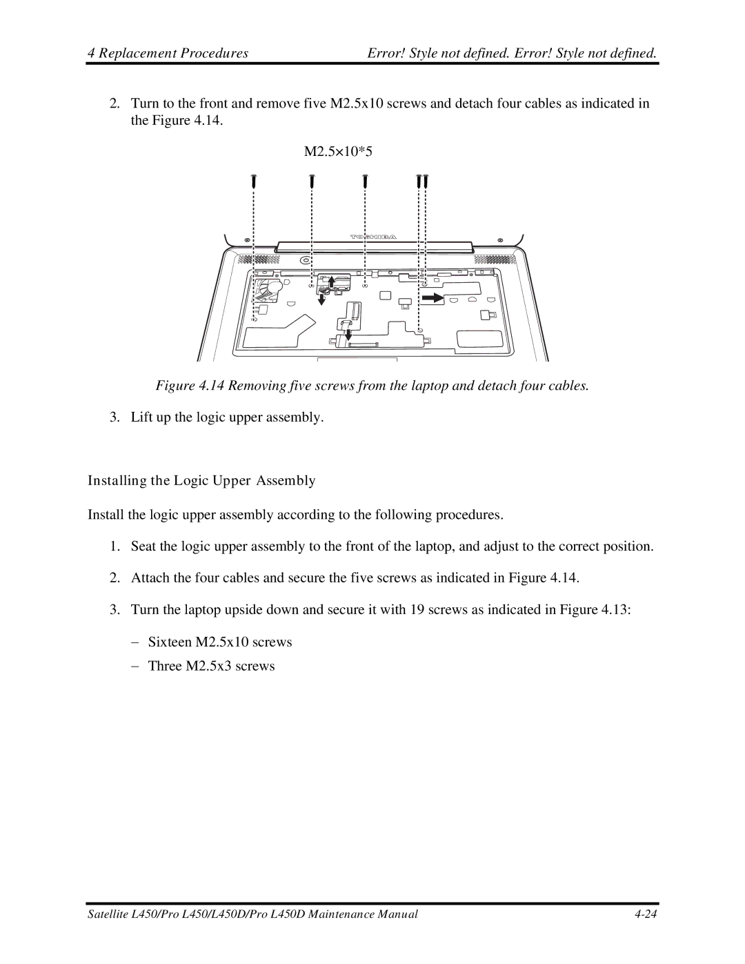 Toshiba PROL450D manual Installing the Logic Upper Assembly 