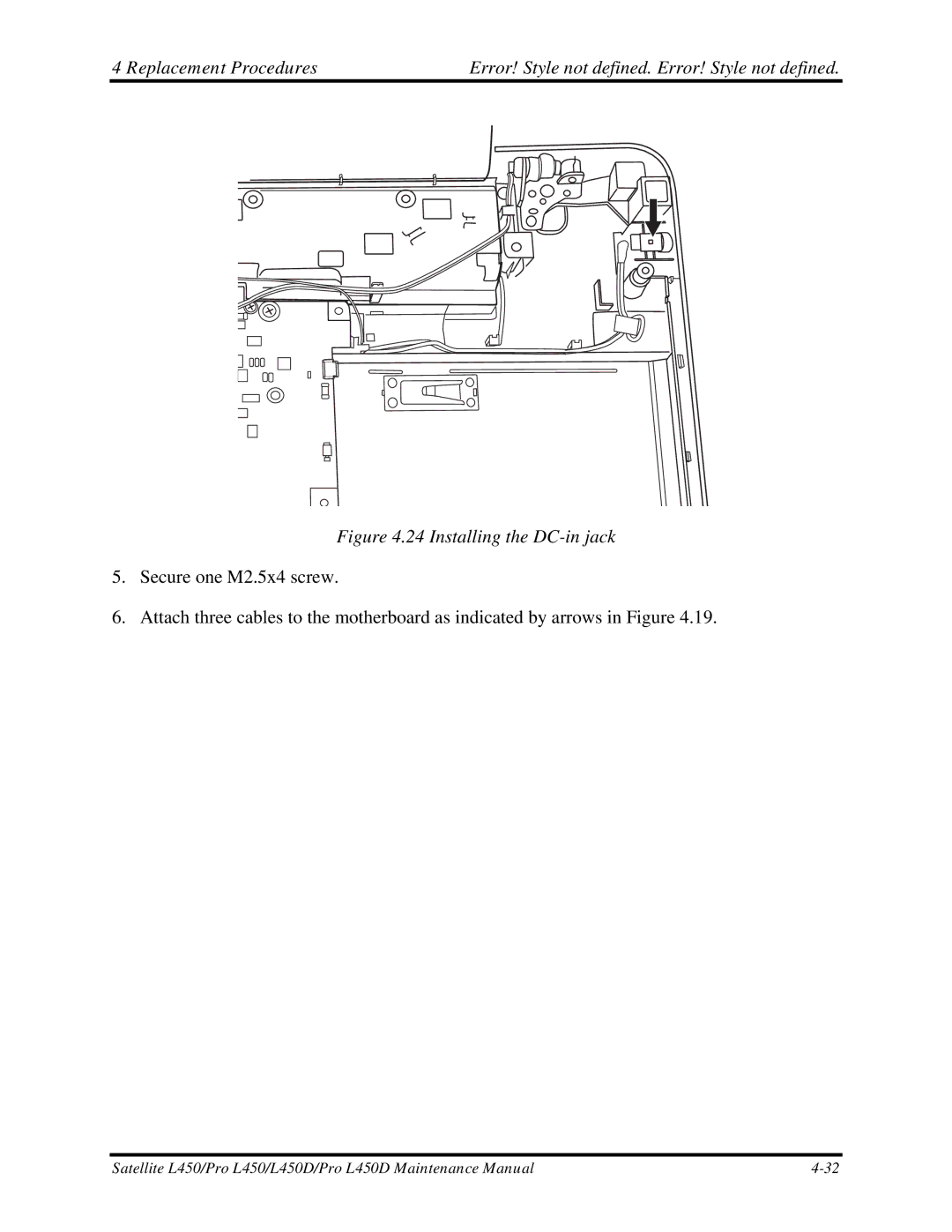 Toshiba PROL450D manual Installing the DC-in jack 